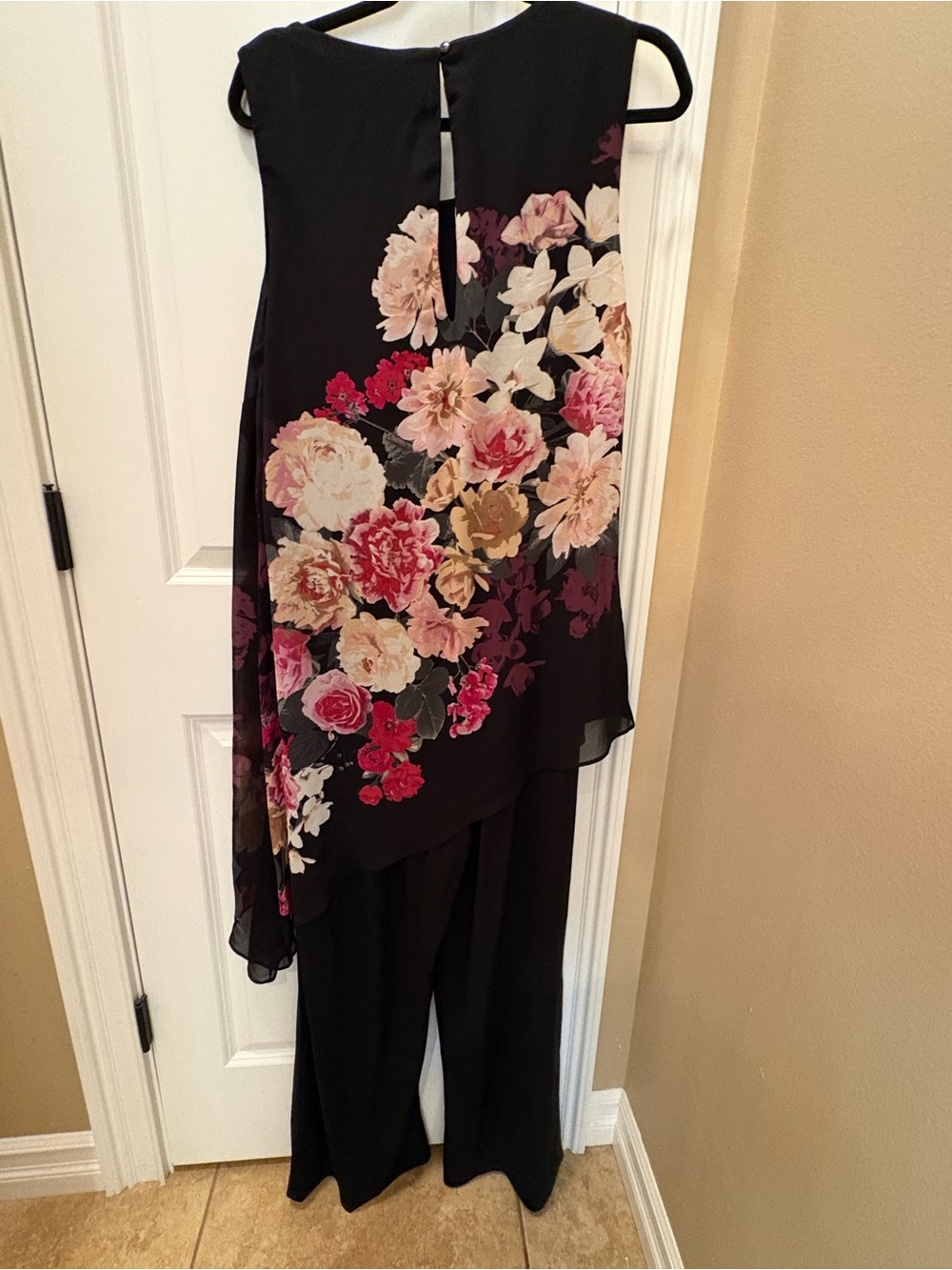Black Floral Asymmetric Jumpsuit with Pink & Cream Blooms